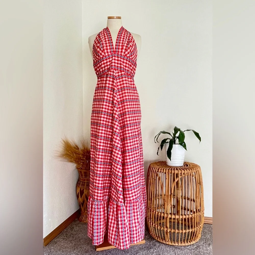 *sold*1970s Vintage LANZ ORIGINALS Red White and Blue Gingham Halter Maxi Dress - Picture 4 of 10